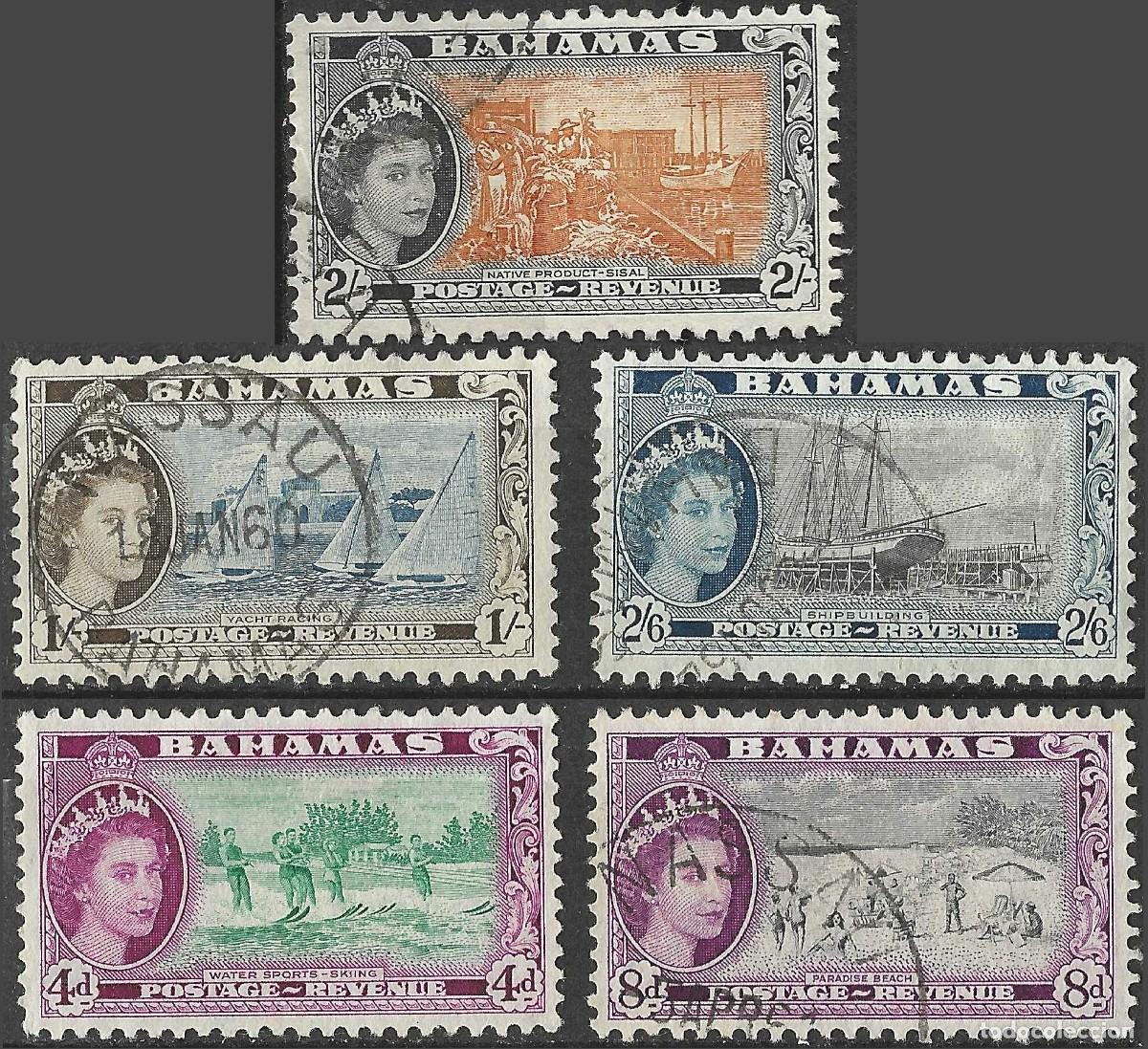 Sellos: BAHAMAS/1954/USED/SC#163, 166, 168-70/ REINA ELIZABETH II / QEII / AVION / BARCOS / AGRICULTURA
