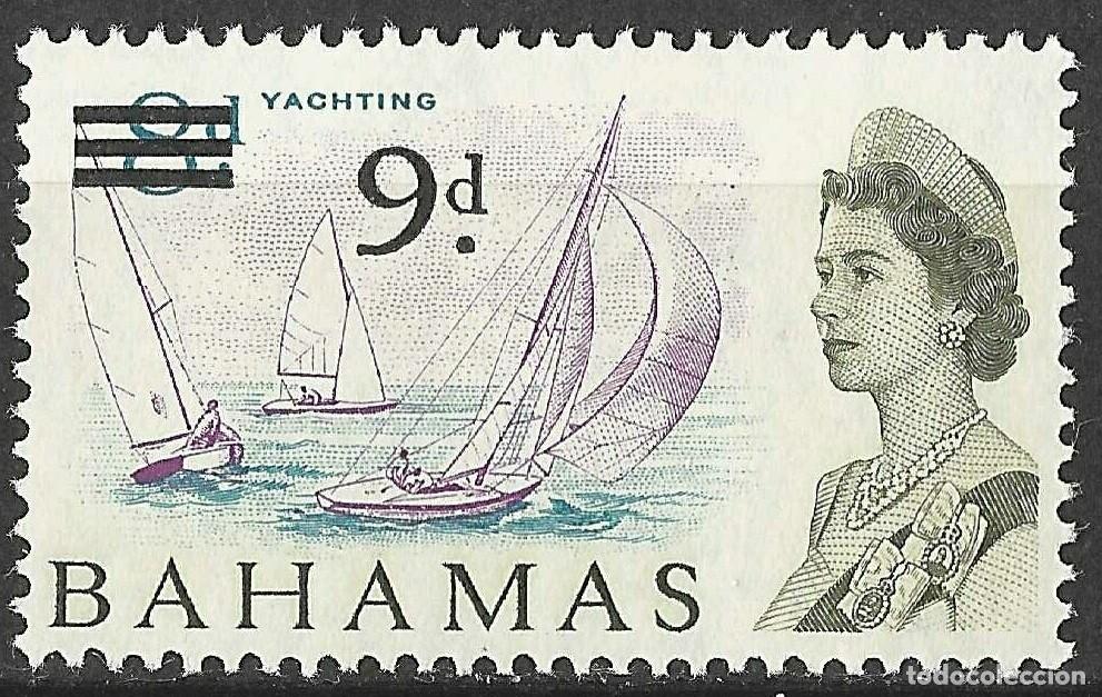 Sellos: BAHAMAS/1965/MH/SC#221/ REINA ELIZABETH II / QEII / VELERISMO/ BARCOS / 9p SOBRE 8p