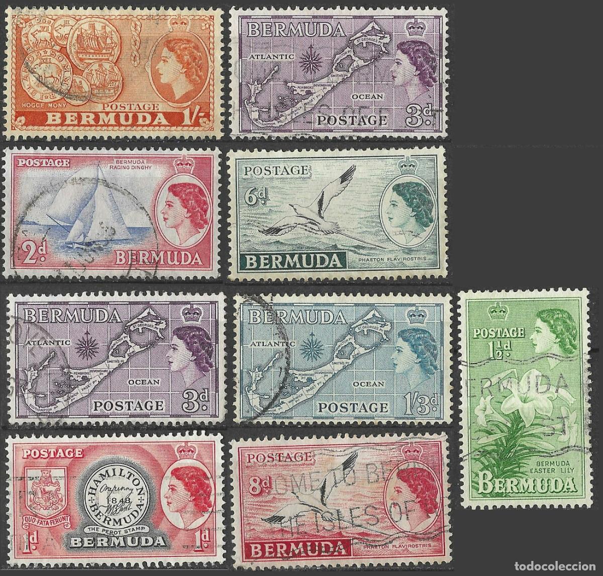 Sellos: BERMUDA/1953-8/USED/SC#144-6, 148-9, 152-3, / REINA ELIZABETH II/ QEII/ MAPA/ AVES, FLORES/ ESCUDO