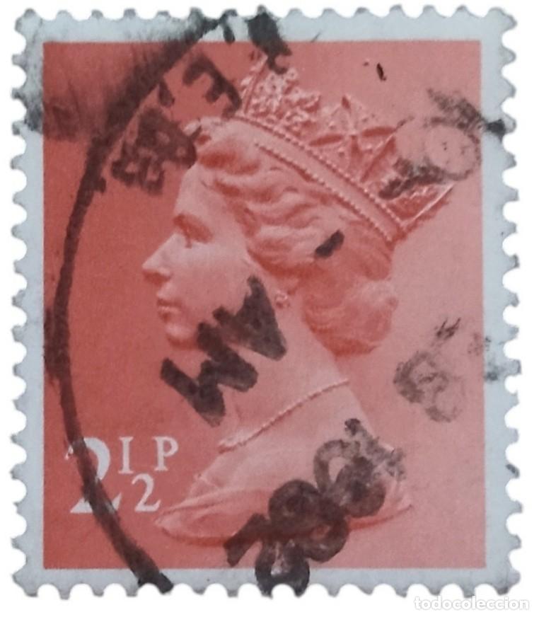Sellos: GRAN BRETA&Ntilde;A 1981 Isabel II. 2&frac12; P - Mach&iacute;n. MATASELLOS NATIONAL TATTOO 1977. USADO