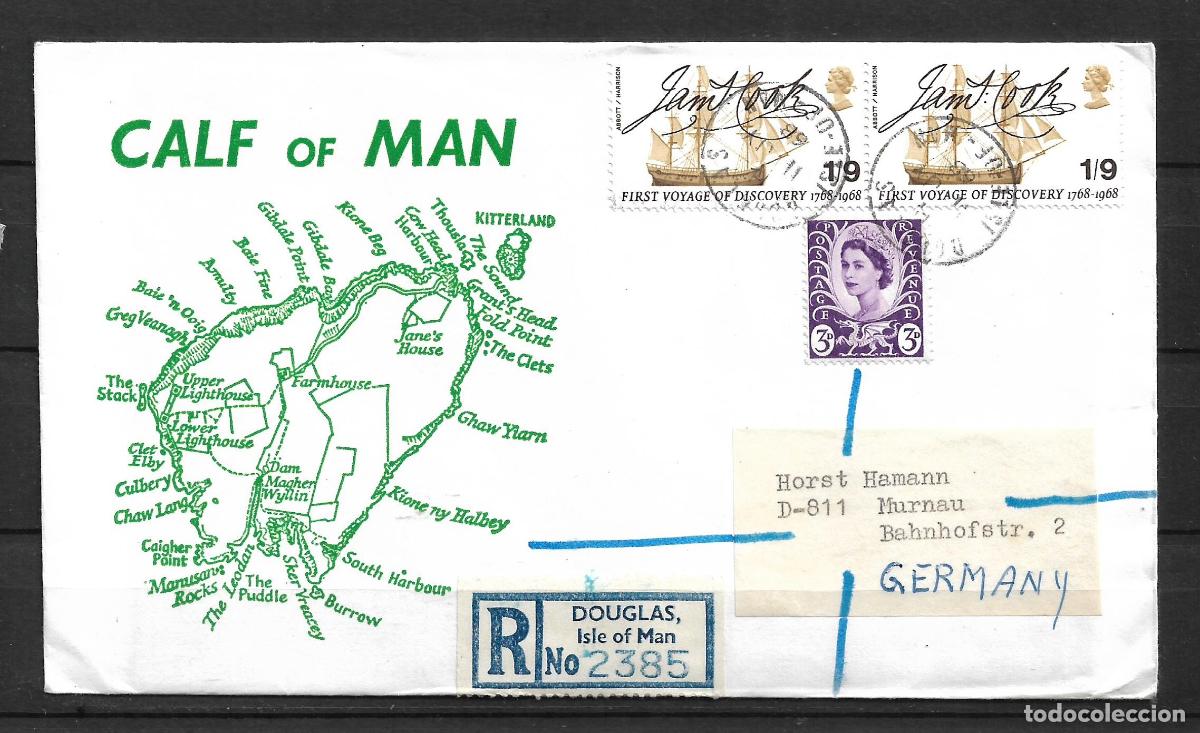 Sellos: isla de man 1968 envio privado - sobre primer dia - circulado alemania- 153/8