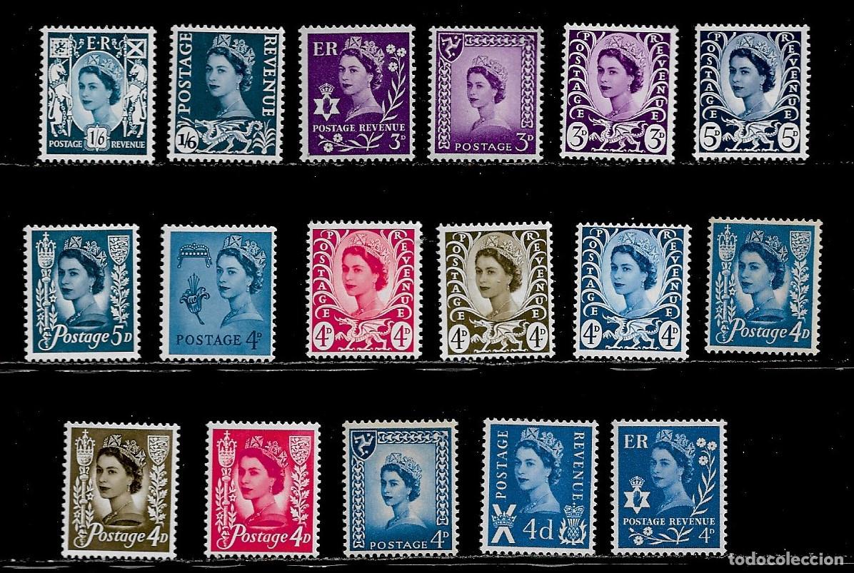 Sellos: GRAN BRETA&Ntilde;A, LOTE DE 17 VALORES, SERIE B&Aacute;SICA, REINA ISABEL. MNH.