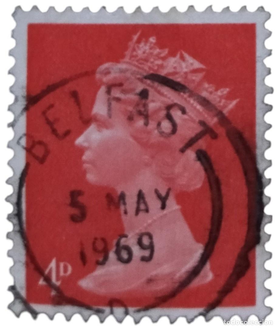 Sellos: GRAN BRETA&Ntilde;A 1969 Isabel II - Mach&iacute;n - 4 D Pre-decimal. Fechador Belfast 5 Mayo 1969. USADO.
