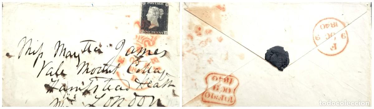 Sellos: O) GREAT BRITAIN, QUEEN VICTORIA, one penny, SEALED WITH BLACK WAX, PLATE 2, CIRCULATED TO LONDON