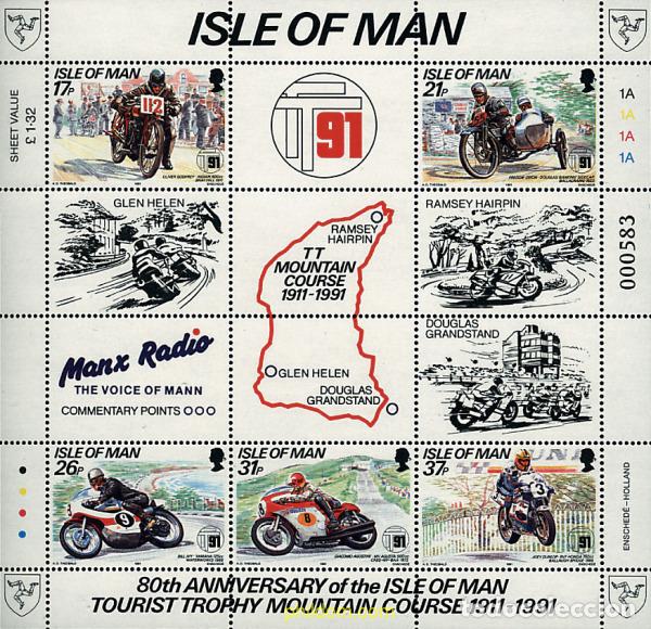 Sellos: 53945 MNH MAN 1991 80 ANIVERSARIO DE LA CARRERA MOTOCICLISTA TOURIST TROPHY