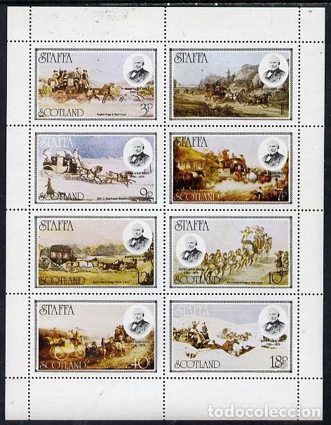 Sellos: GB LOCAL STAFFA 1979 SHEET MNH ROWLAND HILL DILIGENCIAS POSTALES CARRUAJES CABALLOS HORSES