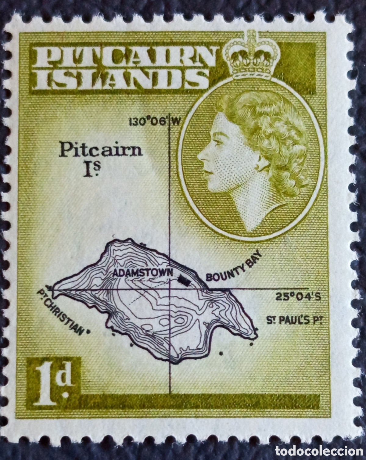 Sellos: Islas Pitcairn 1957 1d Mapa isla bicolor oliva/negro Isabel II MNH SG 19 Scott 21