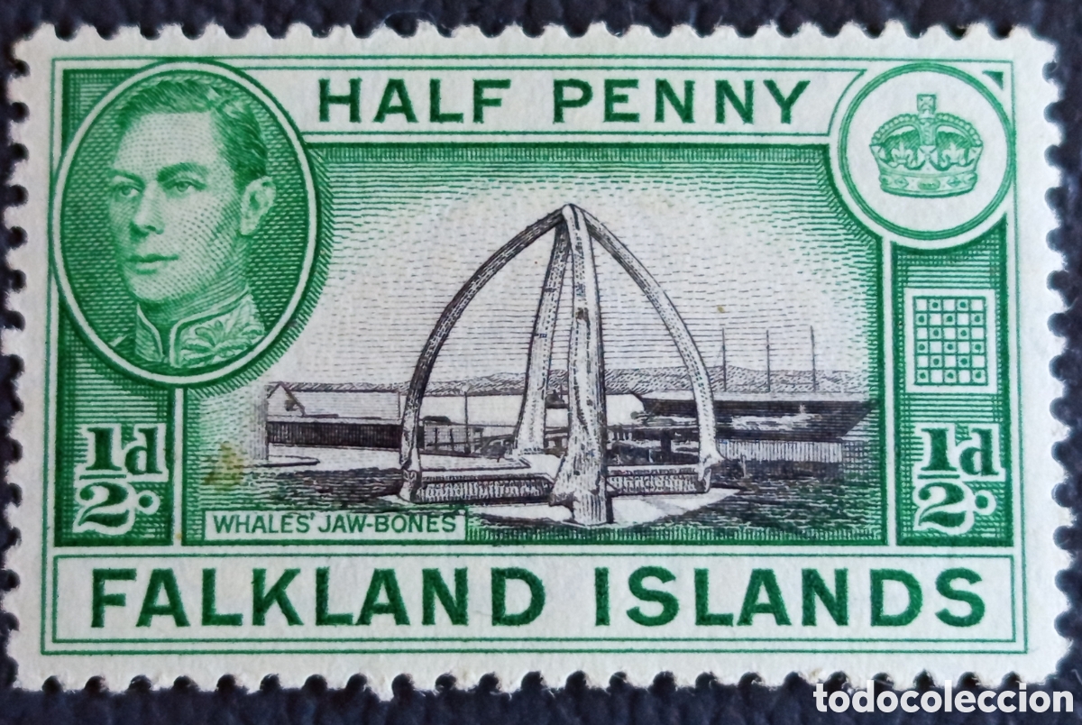 Sellos: Islas Malvinas 1938 &frac12;d Whales Jaw-Bones Jorge VI bicolor MNH SG 146 Scott 84