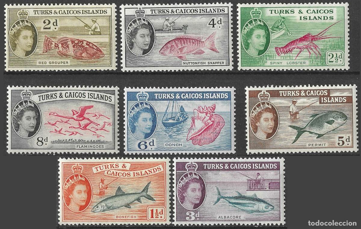 Sellos: TURKS & CAICOS ISLANDS/1957-60/MH/SC#122-9/ REINA ELIZABETH II / QEII / PECES/ VIDA MARINA
