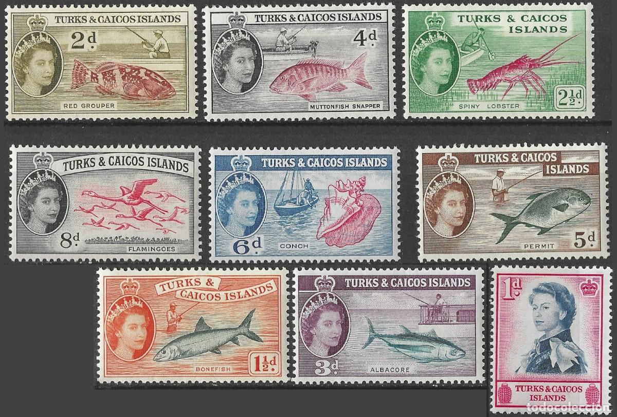 Selos: TURKS & CAICOS ISLANDS/1957-60/MH/SC#121-9/ REINA ELIZABETH II / QEII / PECES/ VIDA MARINA