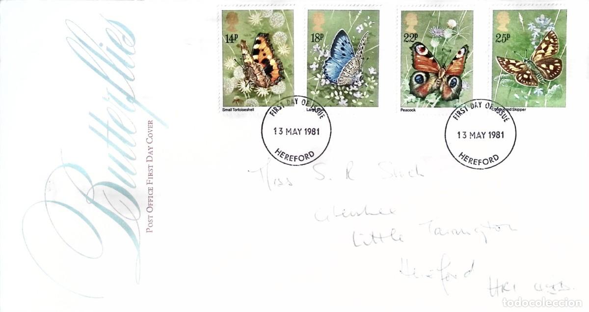 Sellos: O) 1981 GREAT BRITAIN, HEREFORD CANCELLATION, BUTTERFLIES, FDC