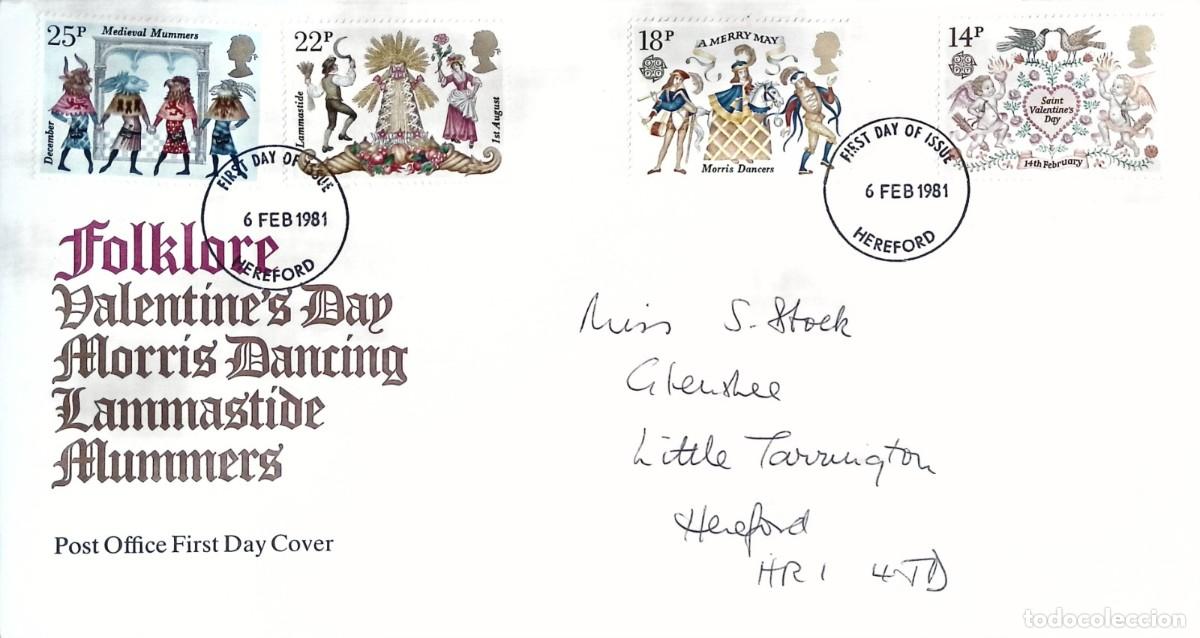 Sellos: O) 1981 GREAT BRITAIN, BRITISH FOLKLORE, MORRIS DANCING, LAMMASTIDE, MUMMERS, SAINT VALENTINE'S DAY