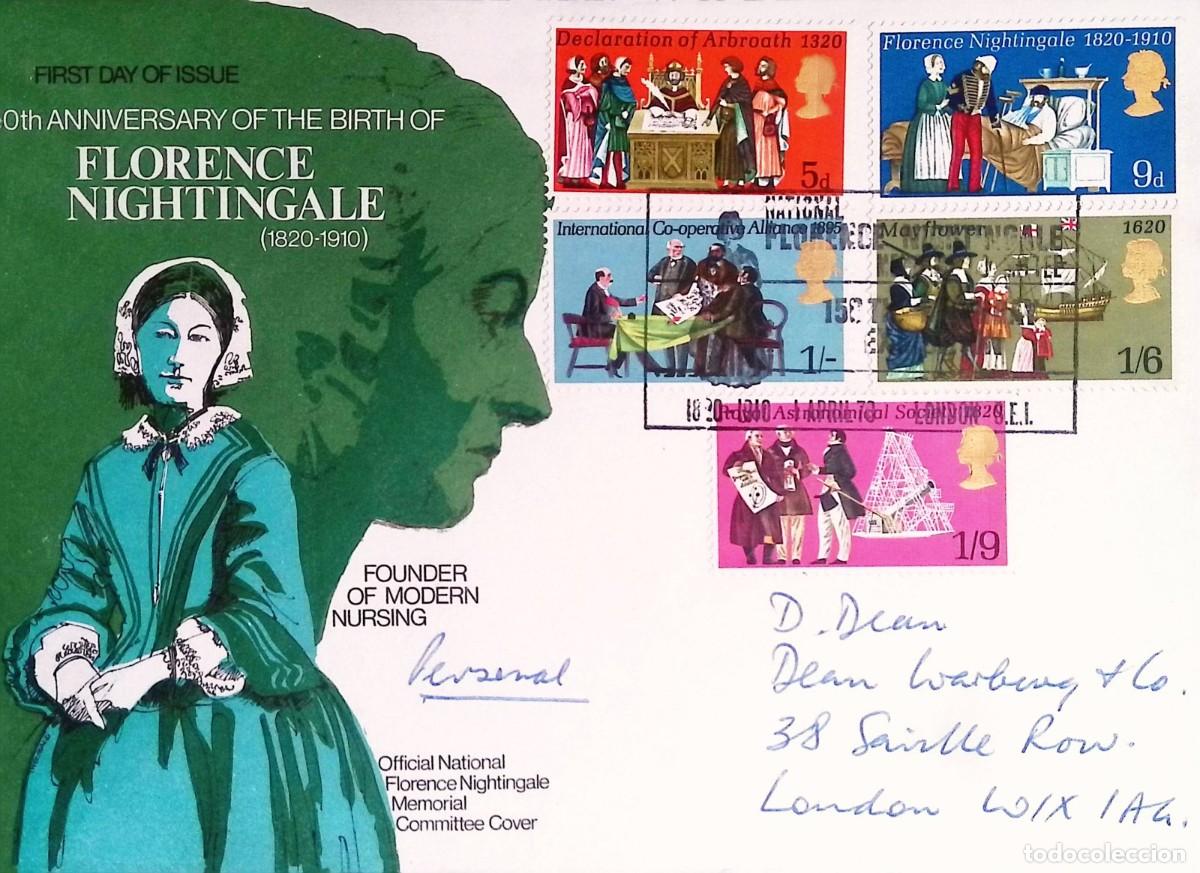 Sellos: O) 1970 GREAT BRITAIN, OFFICIAL NATIONAL FLORENCE NIGHTINGALE MEMORIAL COMMITTEE, FOUNDER MODERN NU