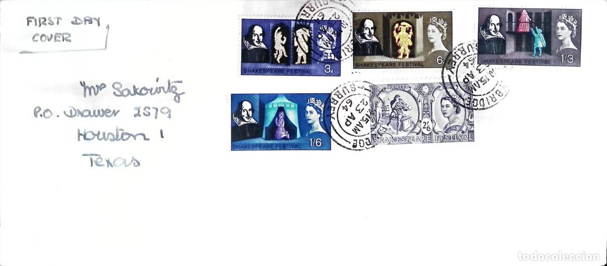 Sellos: O) 1964 GREAT BRITAIN, WILLIAM SHAKESPEARE, QUEEN ELIZABETH II, FDC, CIRCULATED TO TEXAS