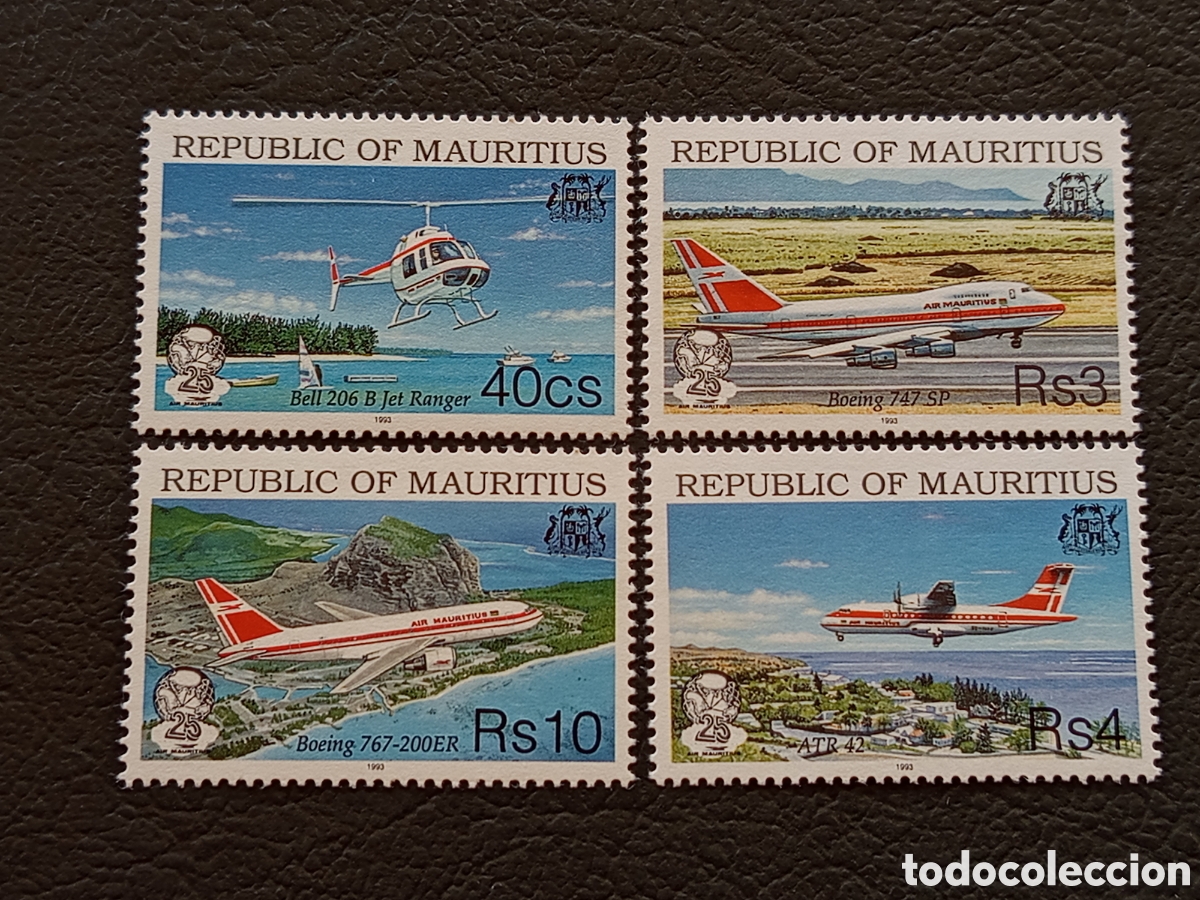 Sellos: Mauricio 1993 25 A&ntilde;os Air Mauritius Aviones Boeing ATR Serie 4 MNH