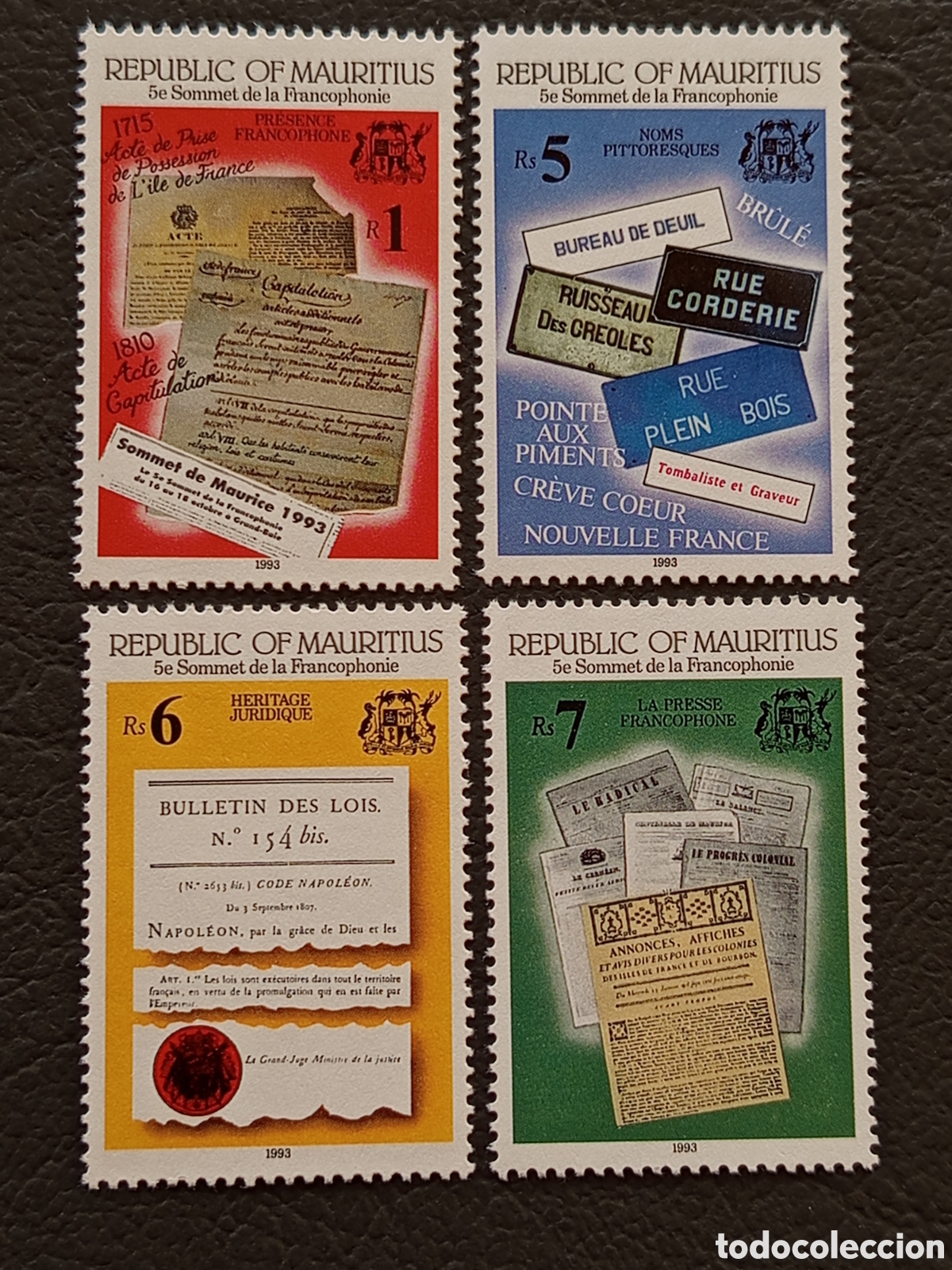 Sellos: Mauricio 1993 Cumbre Francofon&iacute;a Historia Colonial Serie 4 Sellos MNH