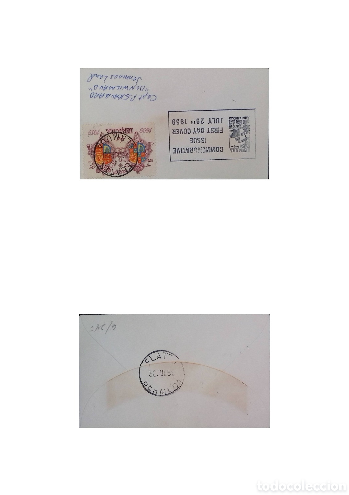Sellos: CA)Bermuda &middot; 1959 &middot; 350th Anniversary of Settlement &middot; First day cover with colorful stamp showing ar