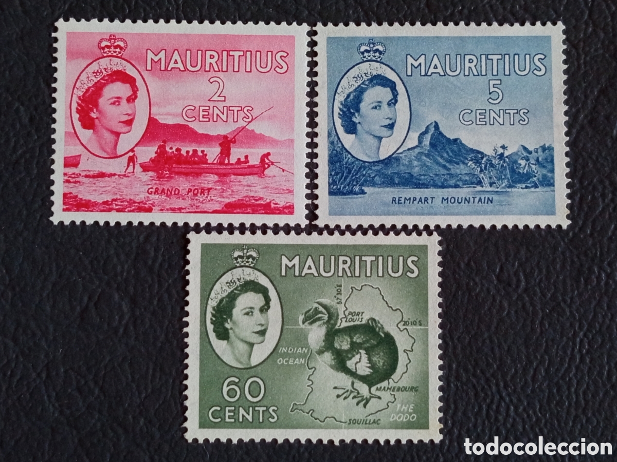 Sellos: Lote 3 Sellos Mauricio 1953/58 Reina Isabel II (incluye Dodo) Mi. 231, 233, 241 MH.