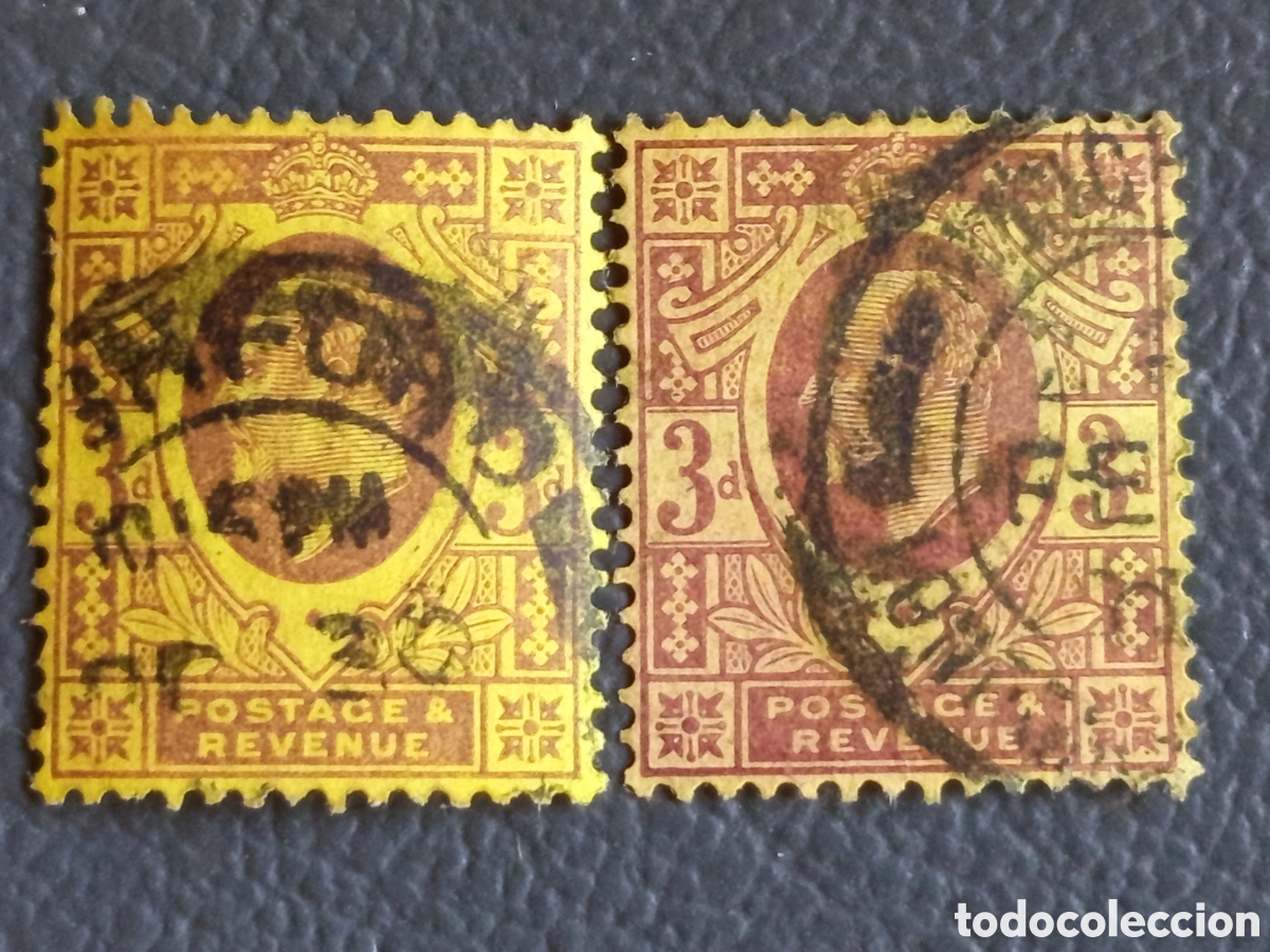 Sellos: Sellos Gran Breta&ntilde;a 1887 Reina Victoria 3d P&uacute;rpura sobre Amarillo - Variantes de Tono (Michel 89)