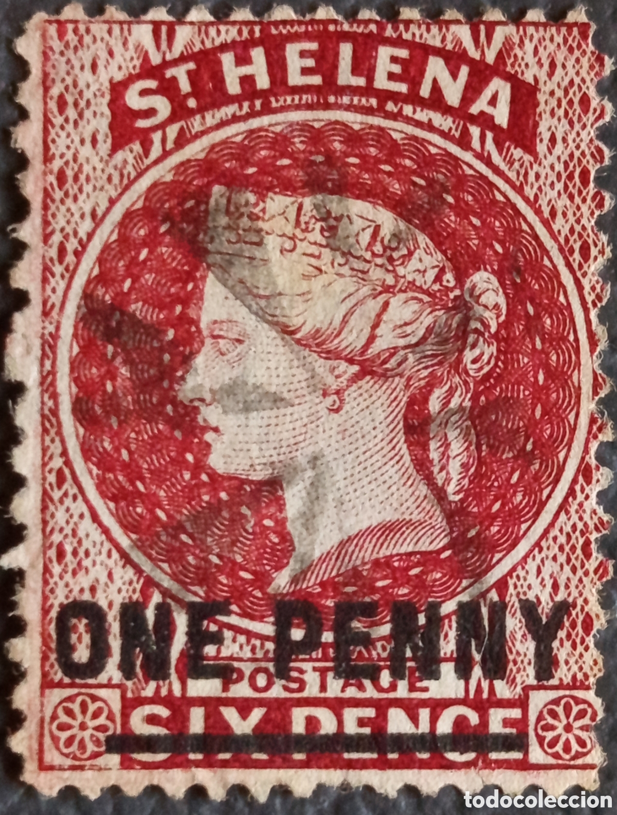 Sellos: Sello Santa Elena 1884 One Penny sobre 6d Rojo Usado (Michel 28)