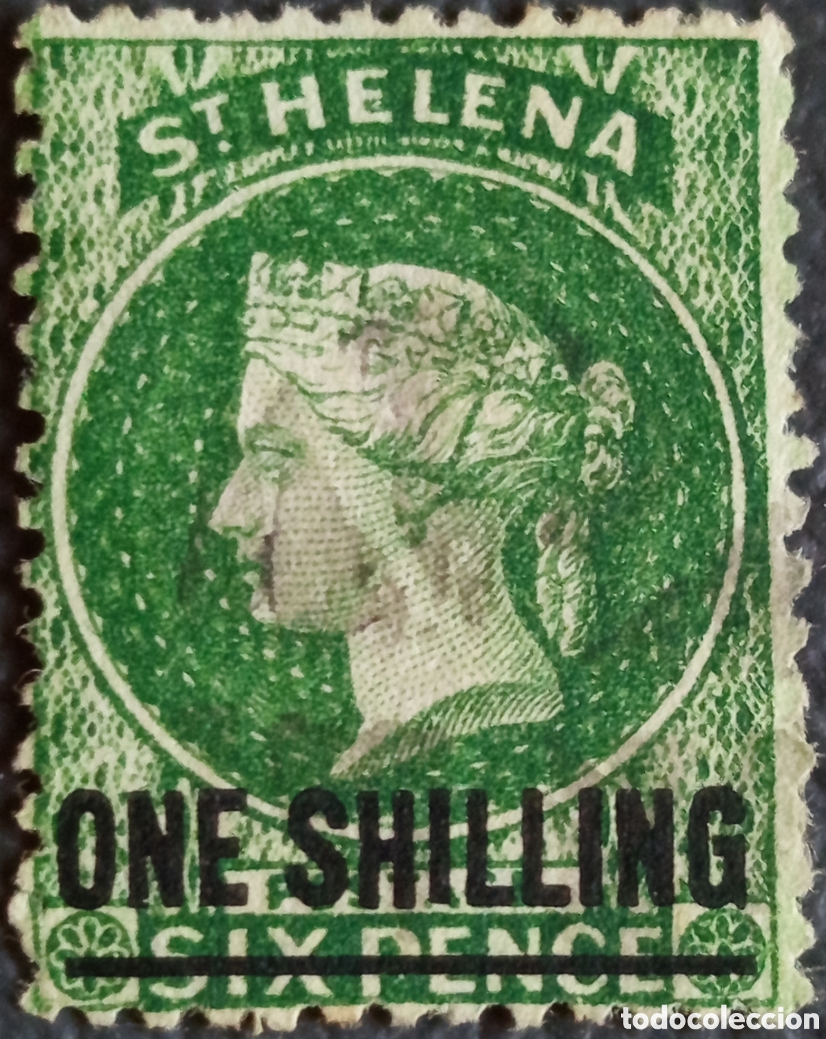 Sellos: Sello Santa Elena 1884 One Shilling sobre 6d Verde Usado (Michel 32)