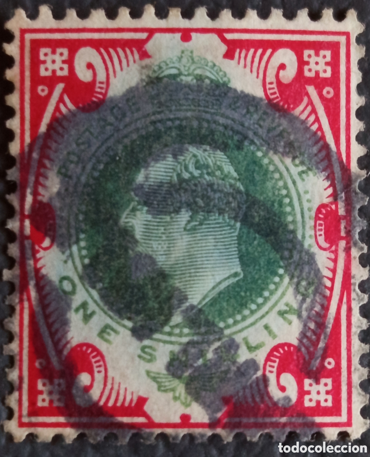 Sellos: Sello Gran Breta&ntilde;a 1902 Eduardo VII One Shilling Verde y Rojo Usado (Michel 107)
