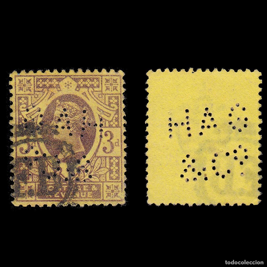 Sellos: G.B. 1887. Q. V. PERFIN. 3d. cancel SG 203. + GIFT