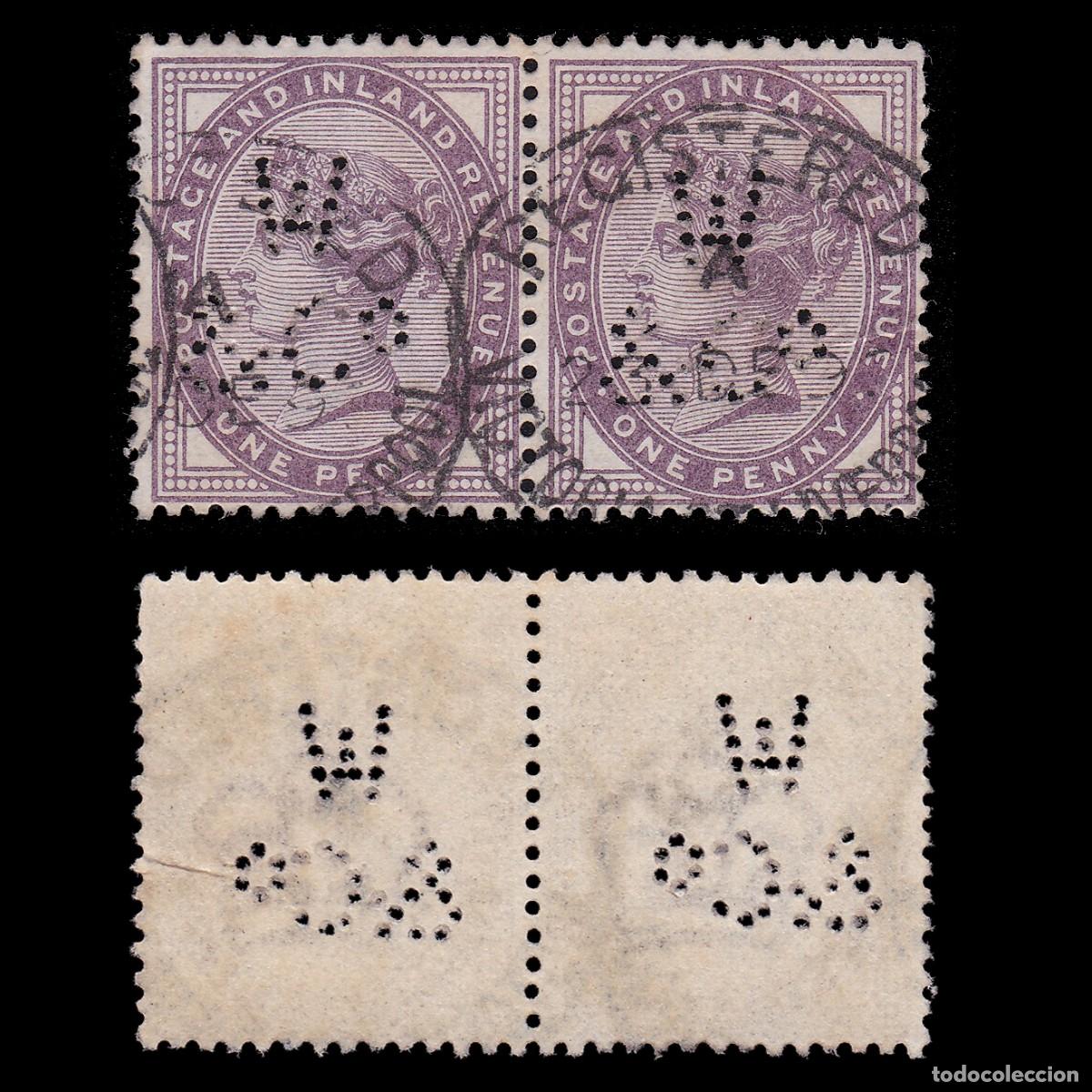 Sellos: PERFIN G.B. 1881. Q.V. 1d. BLQ 2. CANCEL LIVERPOOL. SG 172 +GIFT