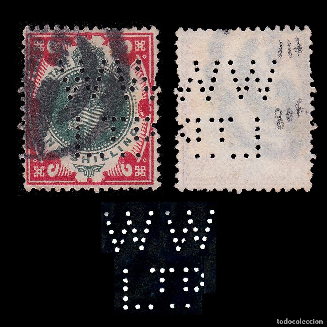 Sellos: G.B. 1902. E.VII. PERFIN. W W LPT 1s CANCEL. SG 257 + GIFT
