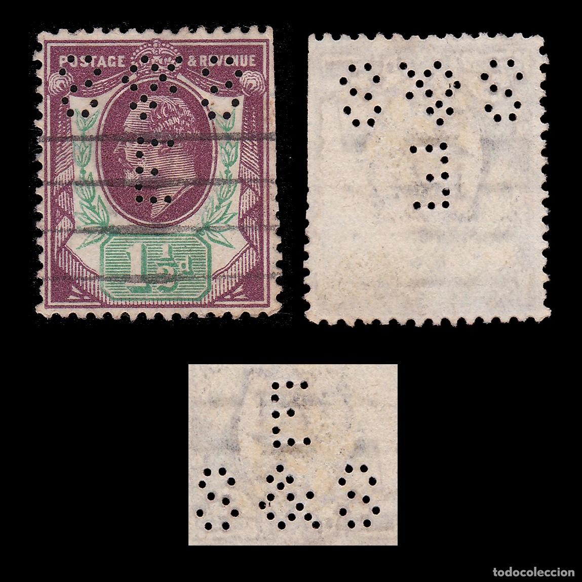Sellos: G.B. 1902. E.VII. PERFIN. E S&S 1 &frac12;d. CANCEL. SG 221 + GIFT