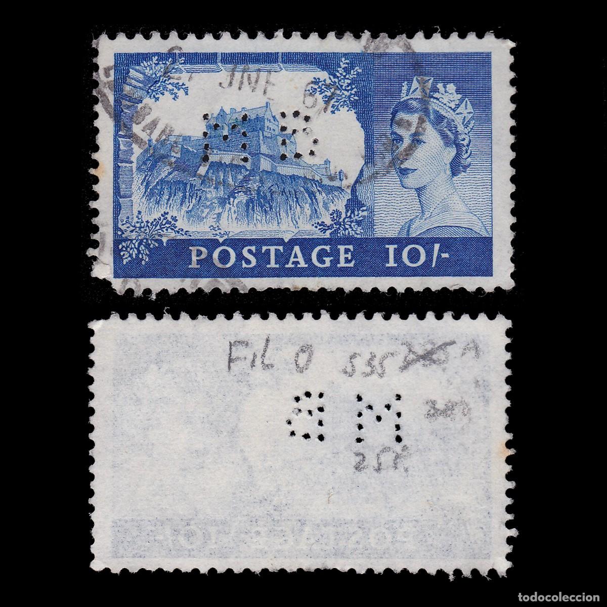 Sellos: G.B. 1955. PERFIN. MB 10sh . CANCEL. Scott 311 + GIFT