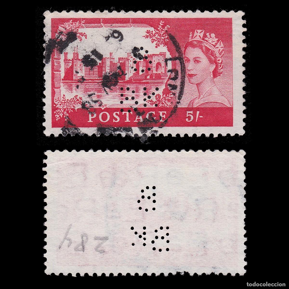 Sellos: G.B. 1955. PERFIN. B BK 5sh . CANCEL. Scott 310 + GIFT