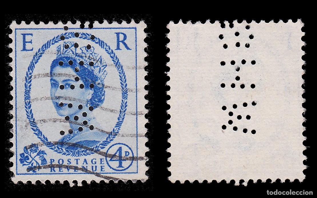 Sellos: G.B. 1953. PERFIN. W H G 4p. CANCEL. Scott 298 + GIFT