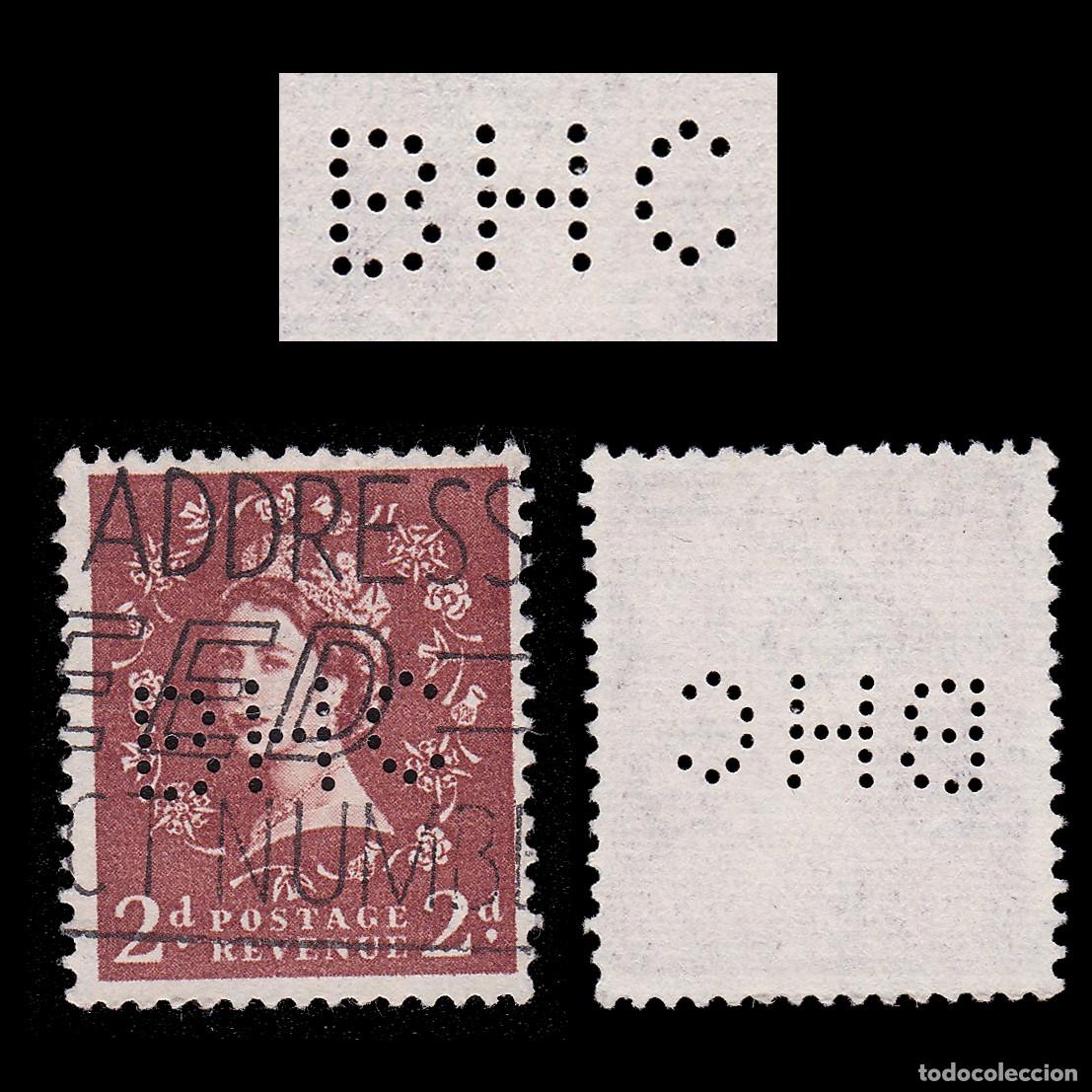 Sellos: G.B. 1951. PERFIN. B H C 2p. CANCEL. Scott 295 + GIFT