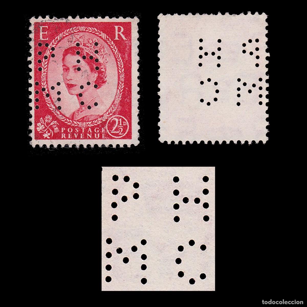 Sellos: G.B. 1951. PERFIN. PH MC 2 &frac12;p. CANCEL. Scott 296 + GIFT