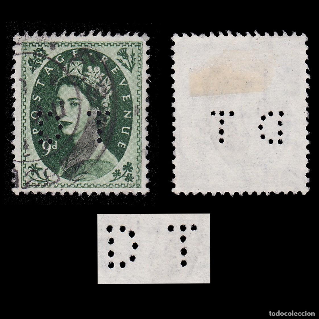 Sellos: G.B. 1951. PERFIN. D T 9d. CANCEL. Scott 303 + GIFT