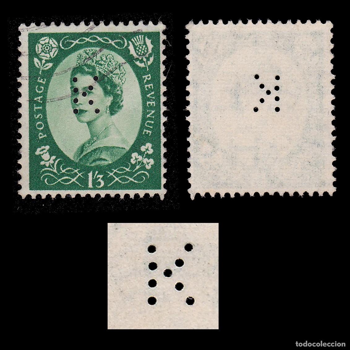 Sellos: G.B. 1951. PERFIN. K 1sh3p . CANCEL. Scott 307 + GIFT