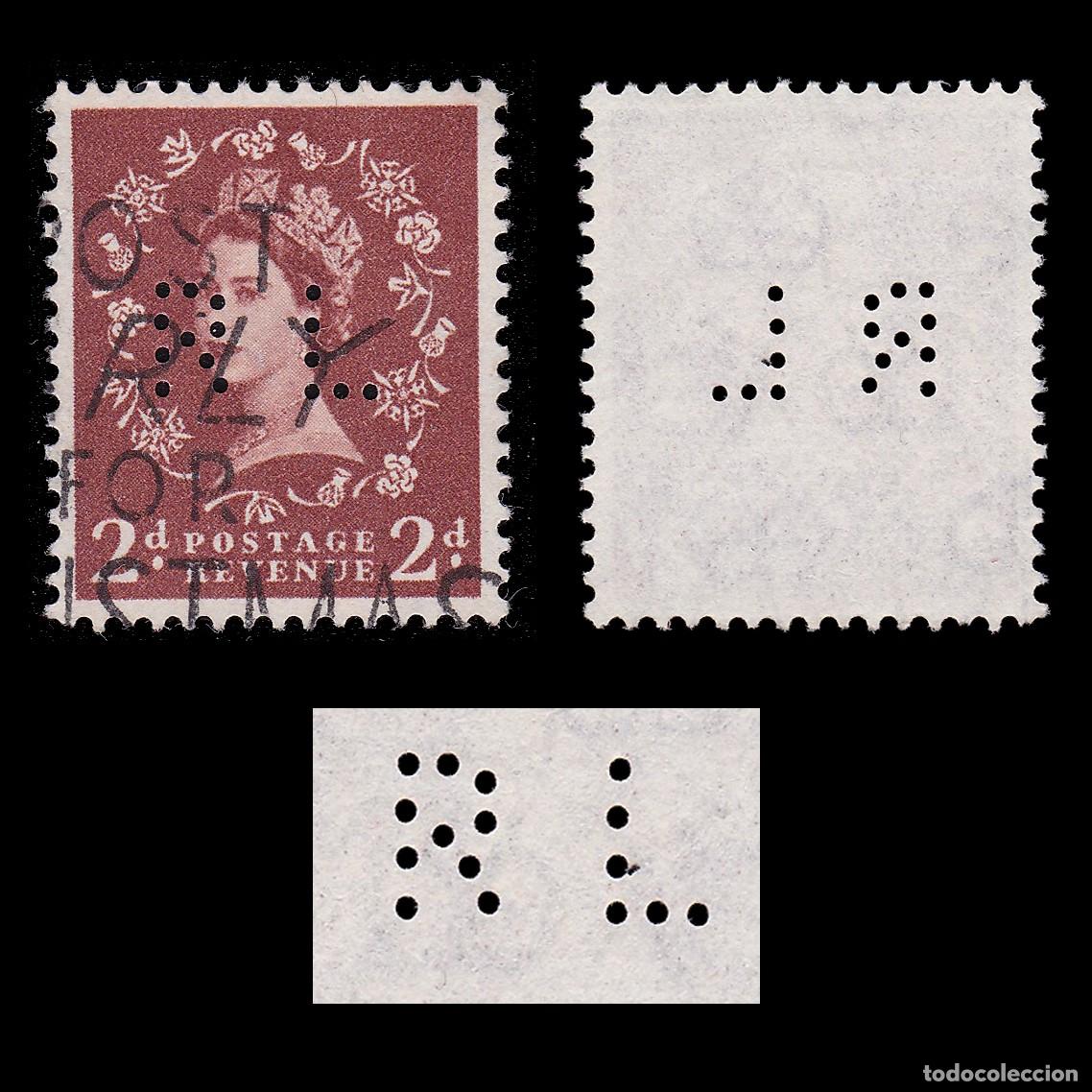 Sellos: G.B. 1951. PERFIN. R L 2d. CANCEL. Scott 295 + GIFT