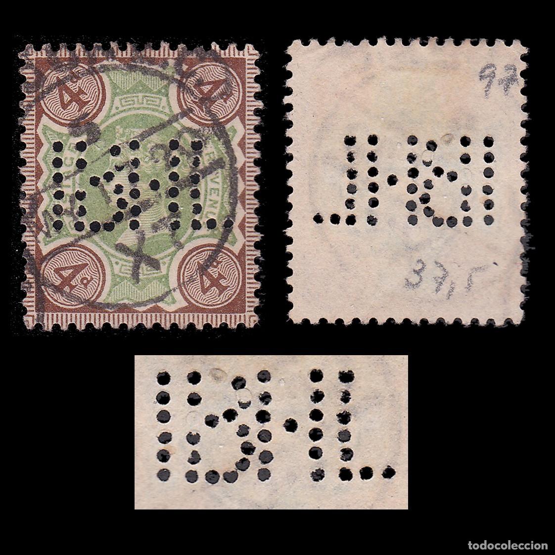 Sellos: G.B. Q. V. 1887. PERFIN IBHM 4d CANCEL. SG 205A + GIFT