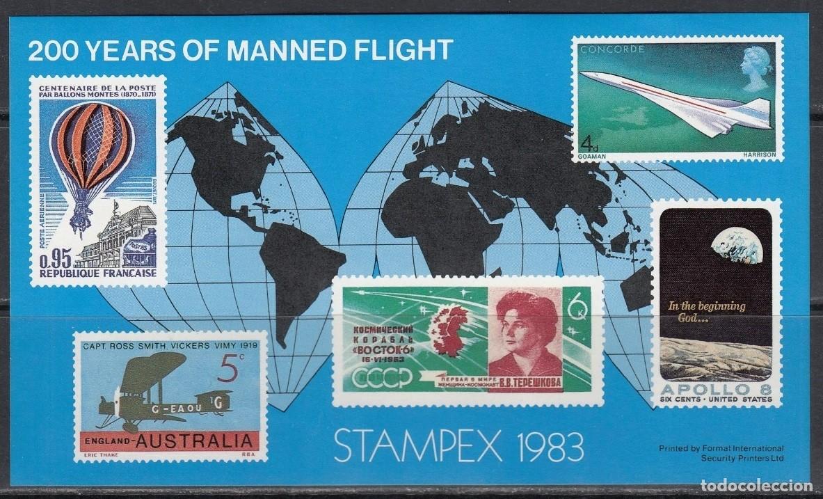 Sellos: REINO UNIDO 1983 SHEET MNH STAMPEX EXPOSICION FILATELICA ESPACIO APOLLO 8 TERESHKOVA AVIONES MAPAS
