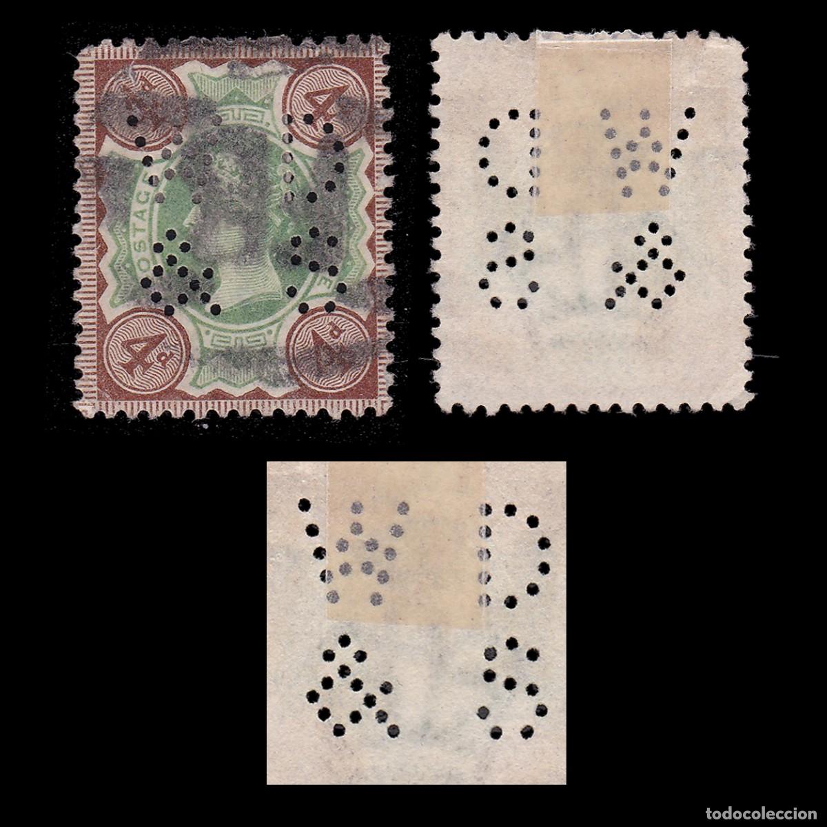 Sellos: G.B. Q. V. 1887. PERFIN VD &S 4d CANCEL. SG 205A + GIFT