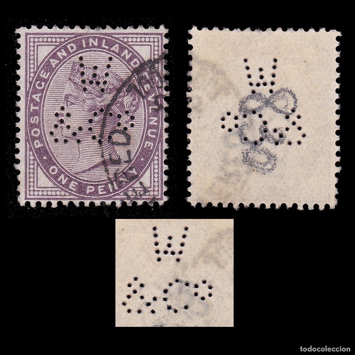 Sellos: G.B. Q. V. 1881. PERFIN W&C&ordm; .1d. CANCEL. SG 173 + GIFT