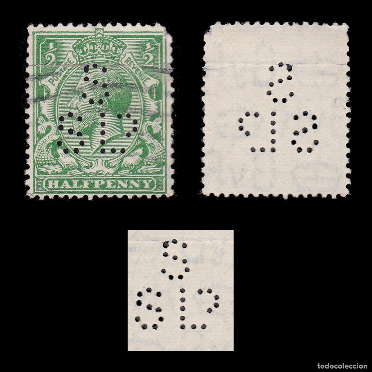 Sellos: G.B. 1924. PERFIN S SLD &frac12; d. CANCEL. SG 418 + GIFT