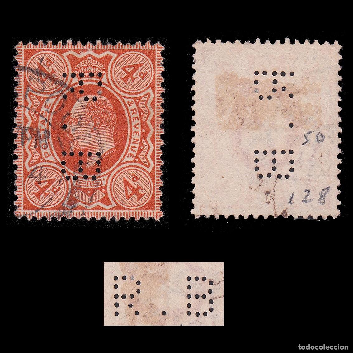 Sellos: G.B. 1902. PERFIN R.B 4d. CANCEL. SG 241 + GIFT