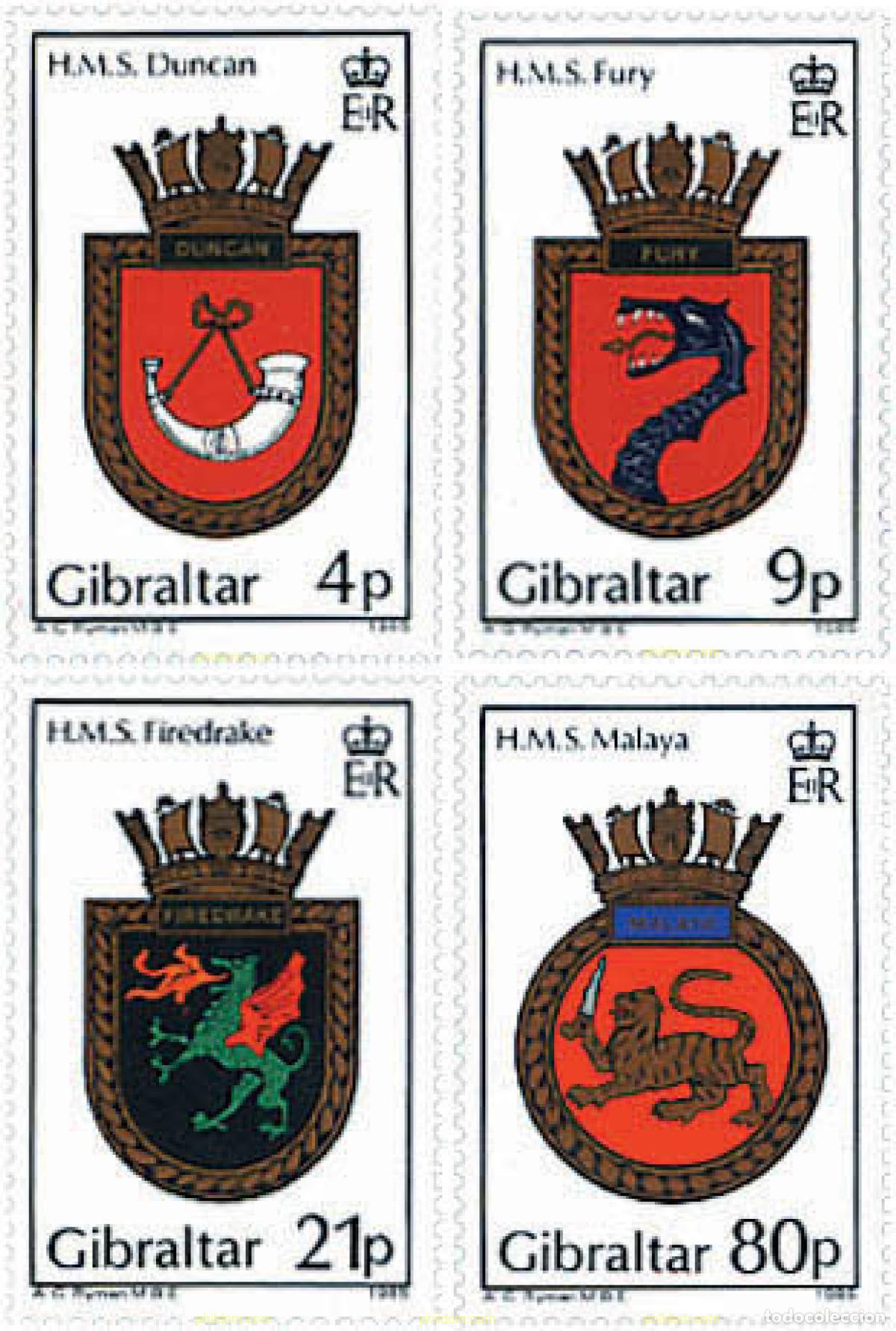 Sellos: 83430 MNH GIBRALTAR 1985 ESCUDOS DE LOS BARCOS DE LA ROYAL NAVY