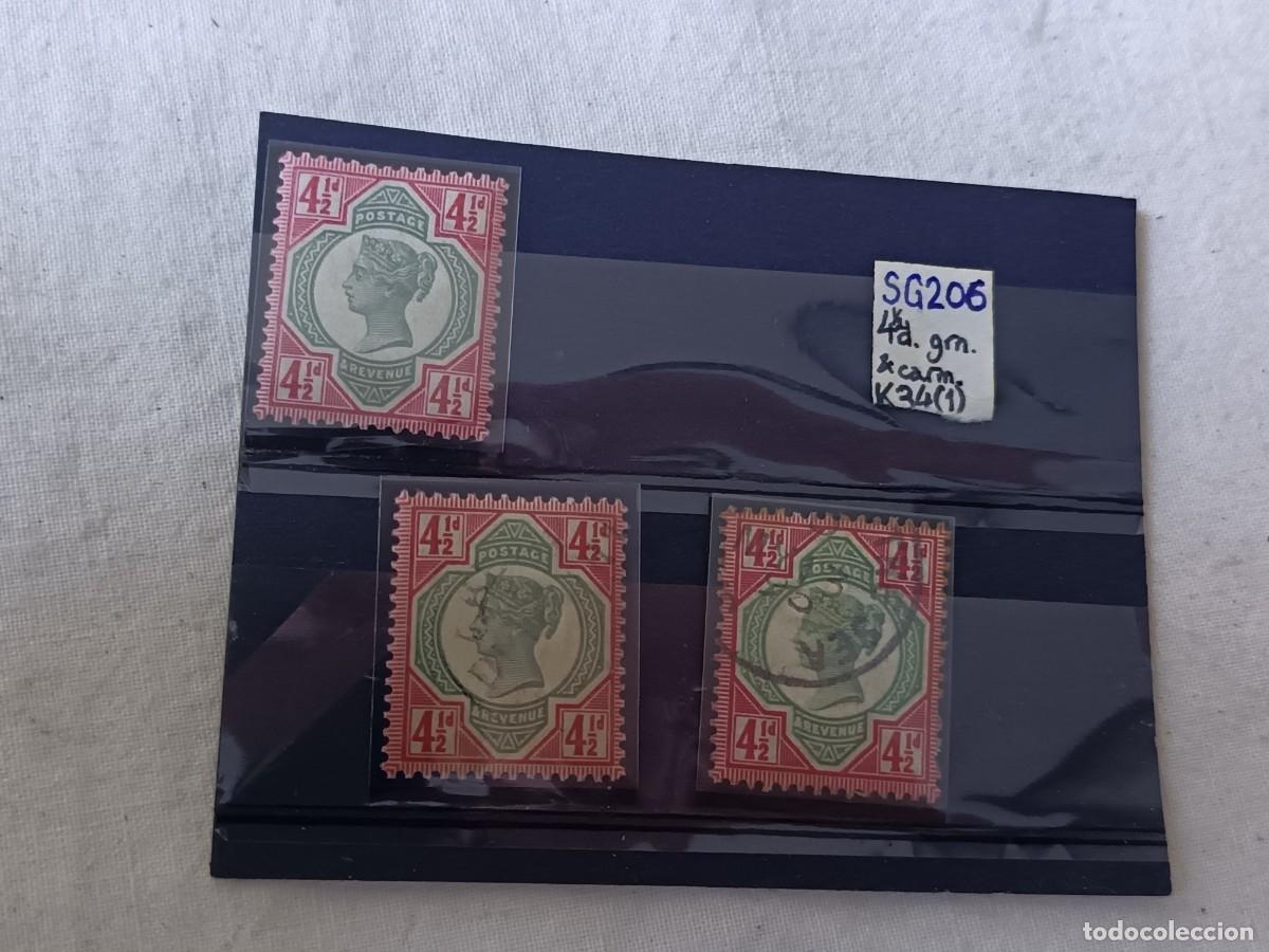 Sellos: Lote de 3 sellos postales brit&aacute;nicos de la era victoriana con valor de cuatro peniques y medio