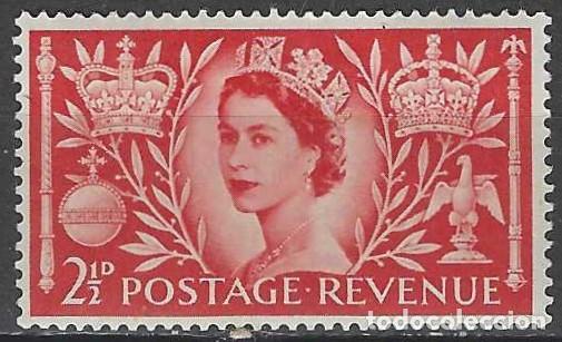 Sellos: GRAN BRETA&Ntilde;A 1953 - CORONACI&Oacute;N DE LA REINA ISABEL II, ESCARLATA - MH*
