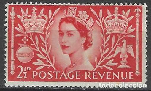Sellos: GRAN BRETA&Ntilde;A 1953 - CORONACI&Oacute;N DE LA REINA ISABEL II, ESCARLATA - MNH**