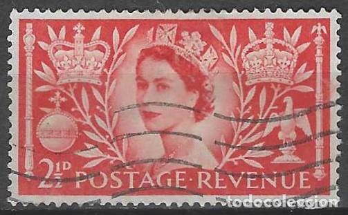 Sellos: GRAN BRETA&Ntilde;A 1953 - CORONACI&Oacute;N DE LA REINA ISABEL II, ESCARLATA - USADO