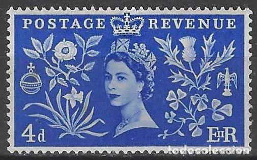 Sellos: GRAN BRETA&Ntilde;A 1953 - CORONACI&Oacute;N DE LA REINA ISABEL II, AZUL MARINO - MNH**